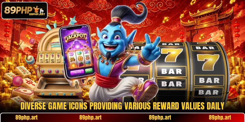 Diverse game icons providing various reward values daily