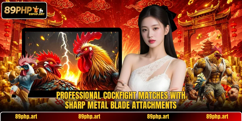 Professional cockfight matches with sharp metal blade attachments